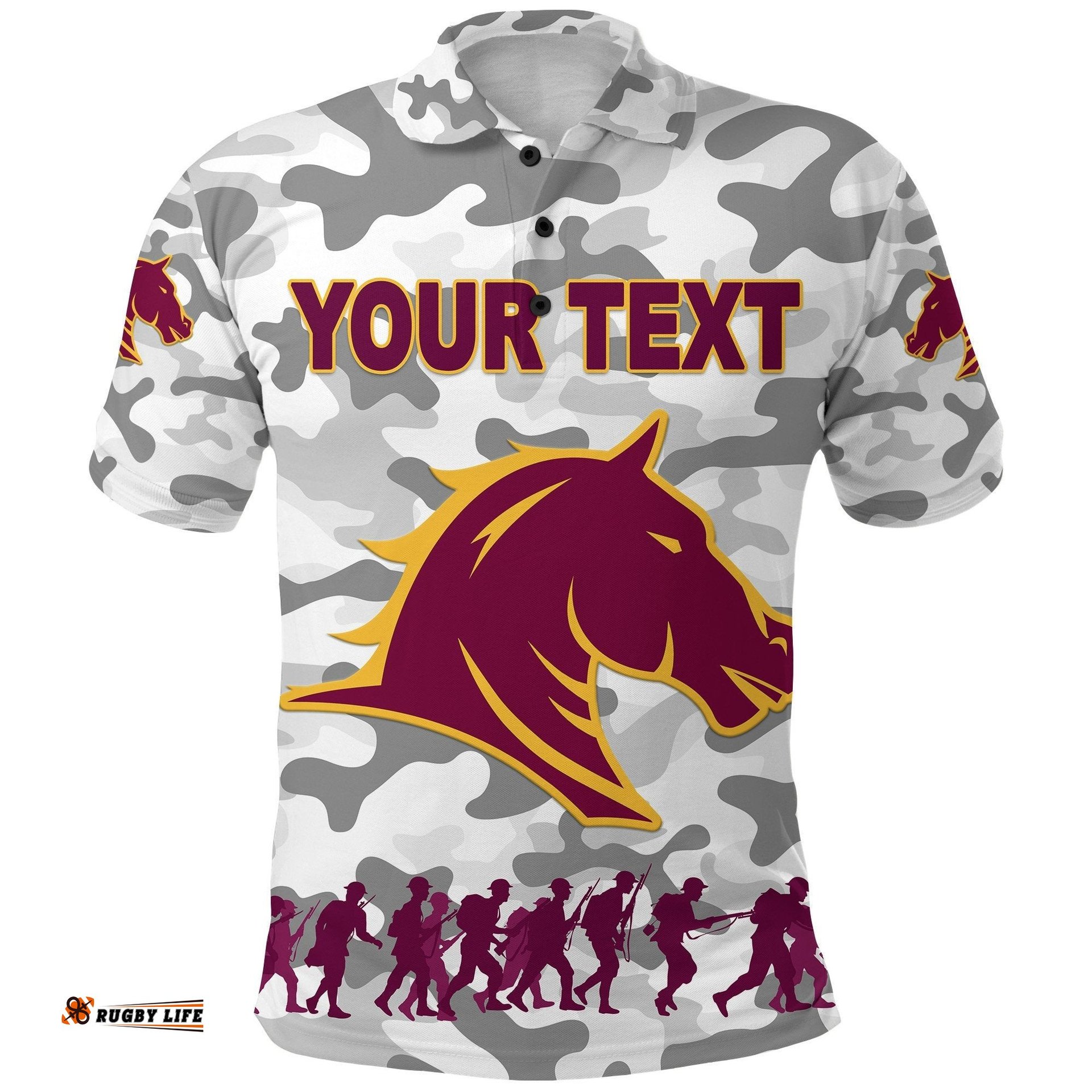 Custom Personalised Brisbane Broncos Polo Shirt Anzac Day Camouflage Vibes - White