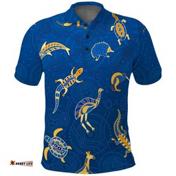 Aboriginal Art Polo Shirt Animals Australia Version Blue