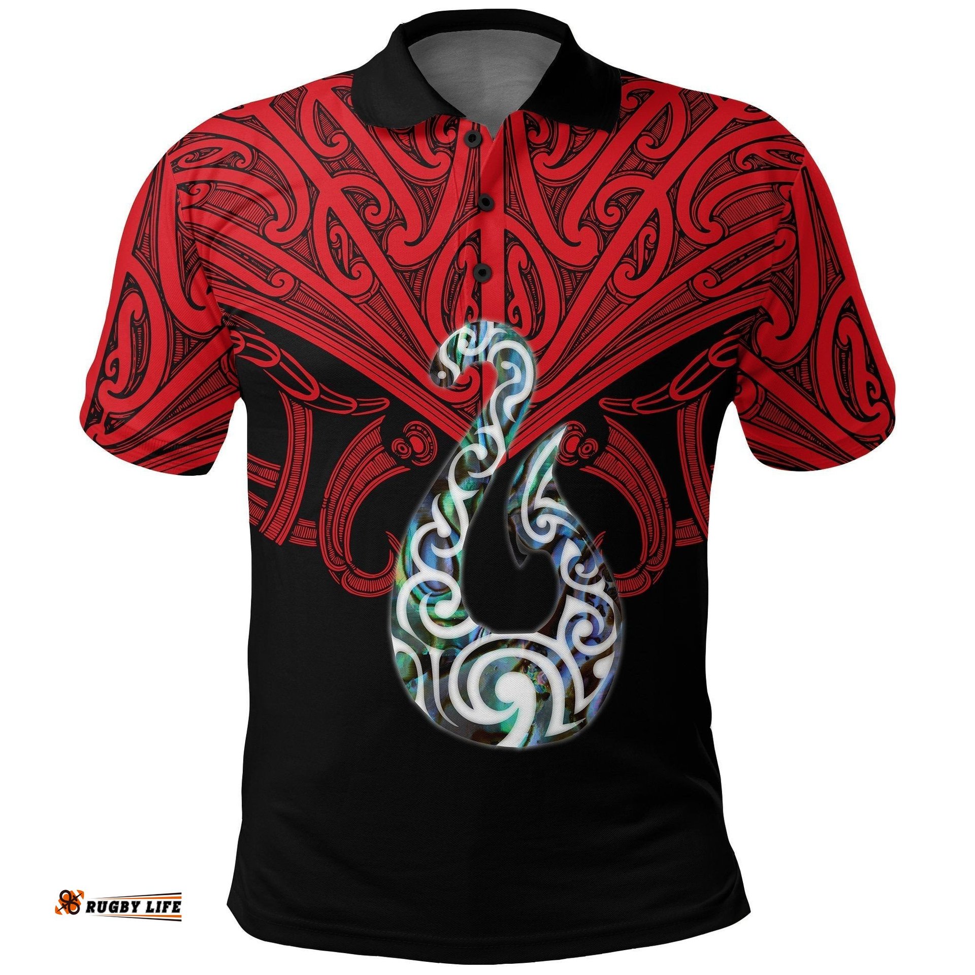 Maori Tattoo Polo Shirt Hei Matau Abalone Red