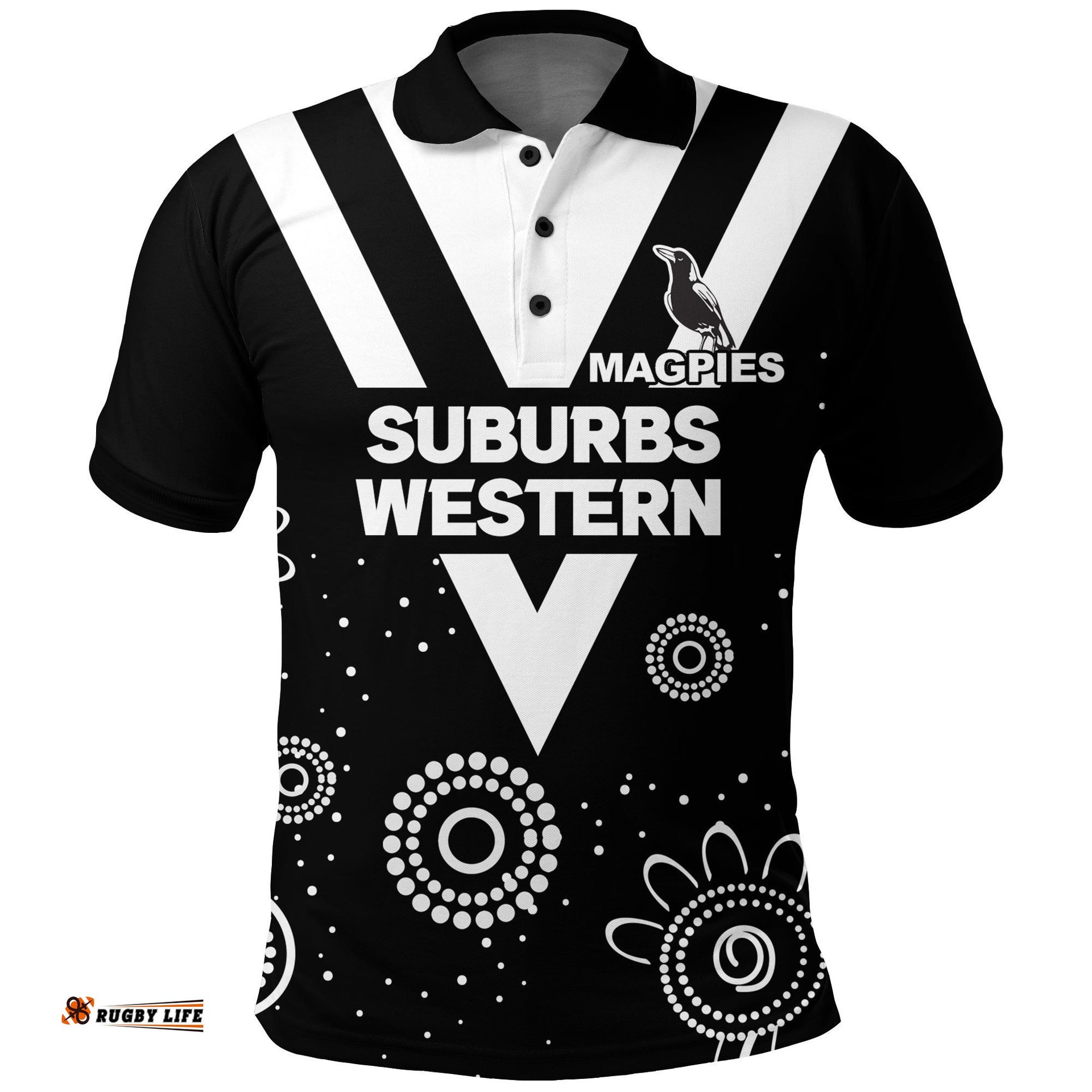 Western Suburbs Magpies Polo Shirt - Indigenous Dot Painting Art -