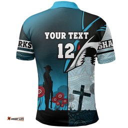 Custom Personalised Sharks Polo Shirt Cronulla Anzac Day