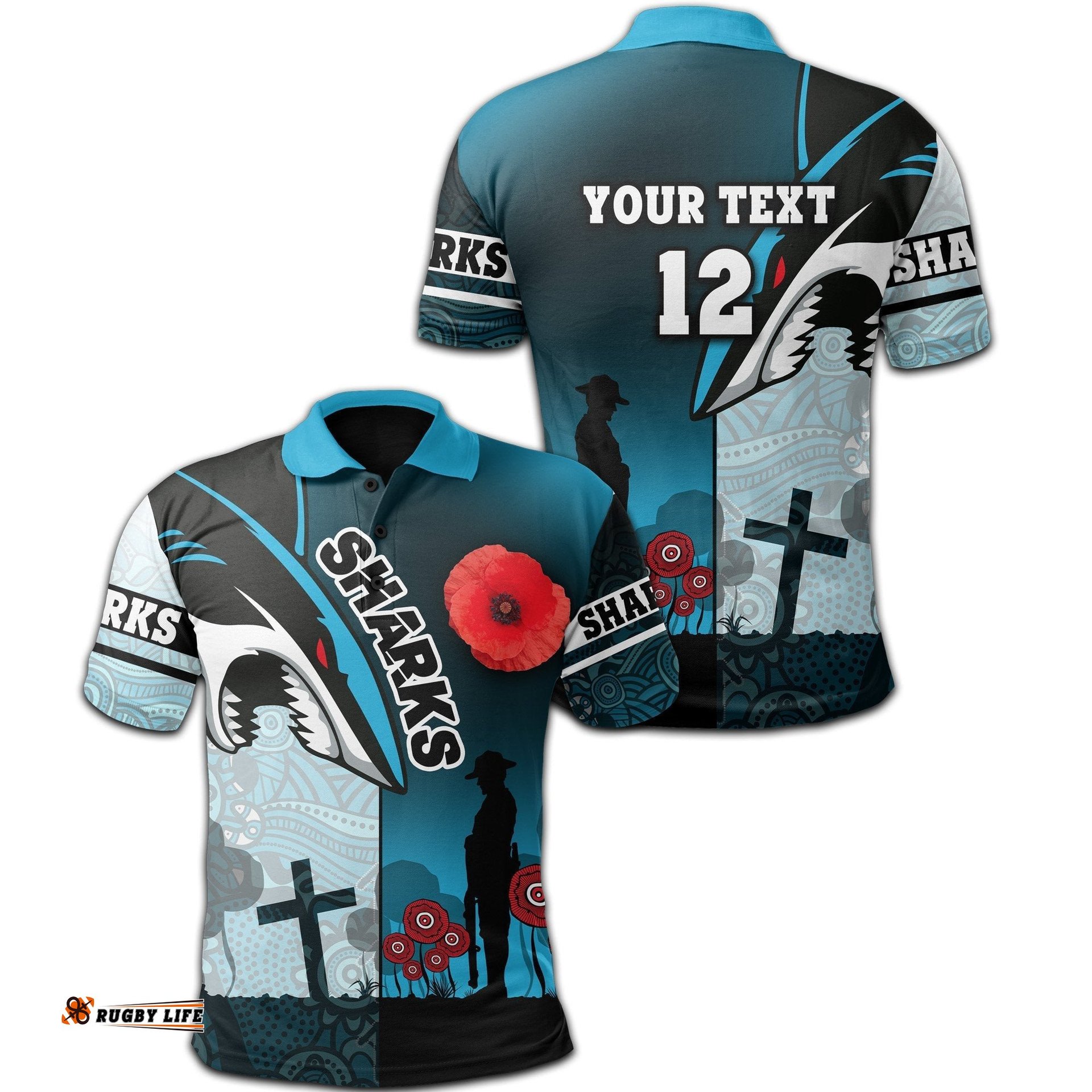 Custom Personalised Sharks Polo Shirt Cronulla Anzac Day