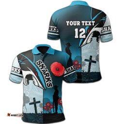 Custom Personalised Sharks Polo Shirt Cronulla Anzac Day