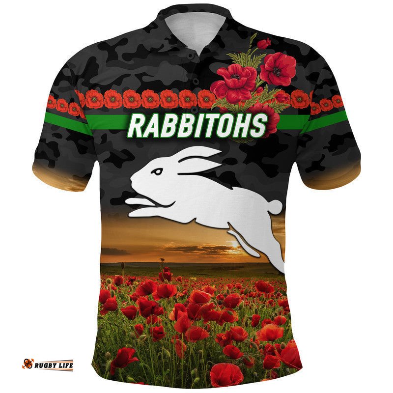 Rabbitohs ANZAC Polo Shirt Poppy Flowers Vibes - Black