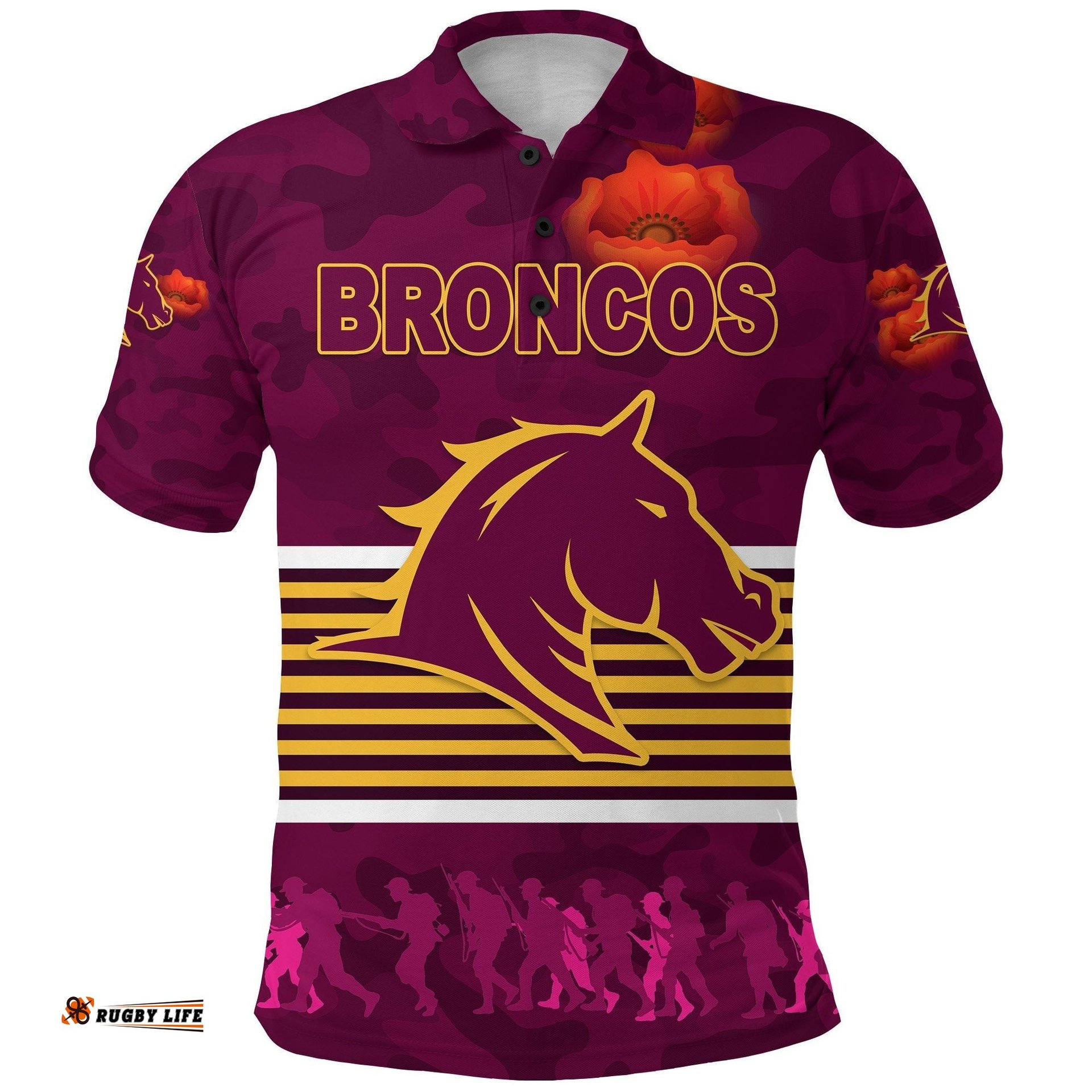 Brisbane Broncos Polo Shirt Anzac Day Simple Style - Full Maroon
