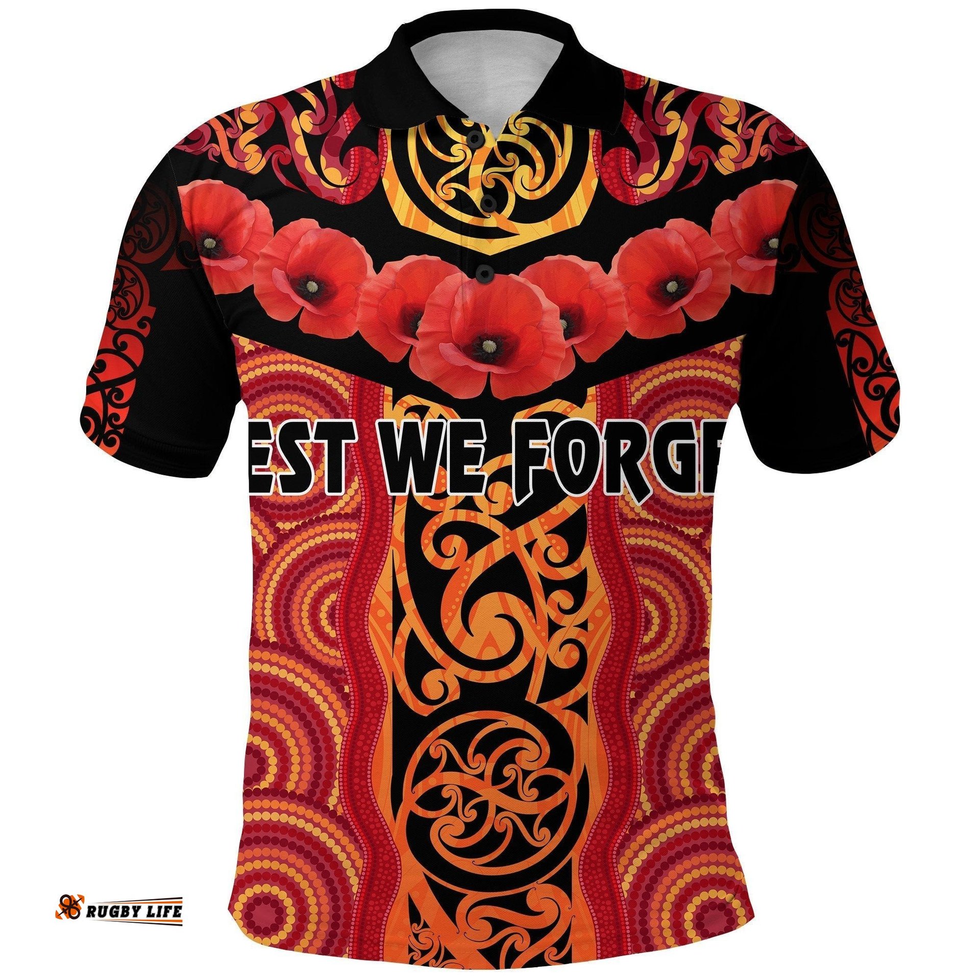 Anzac Lest We Forget Poppy Polo Shirt New Zealand Maori Silver Fern - Australia Aboriginal