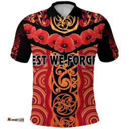 Anzac Lest We Forget Poppy Polo Shirt New Zealand Maori Silver Fern - Australia Aboriginal
