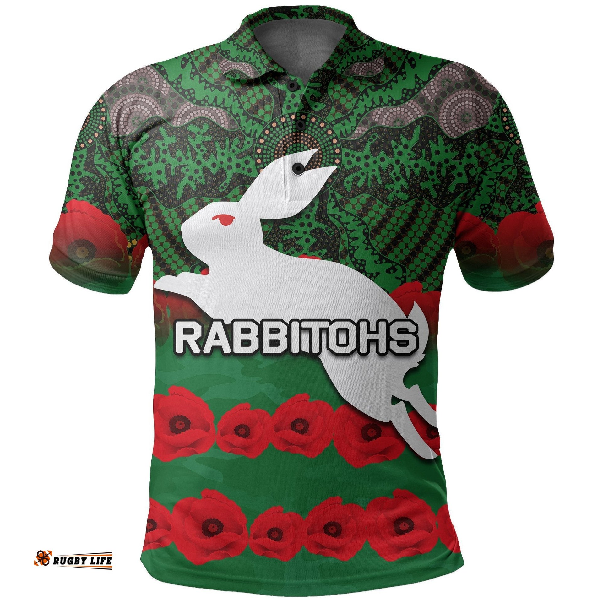Rabbitohs Polo Shirt Aboriginal With Poppy Flower Anzac Day
