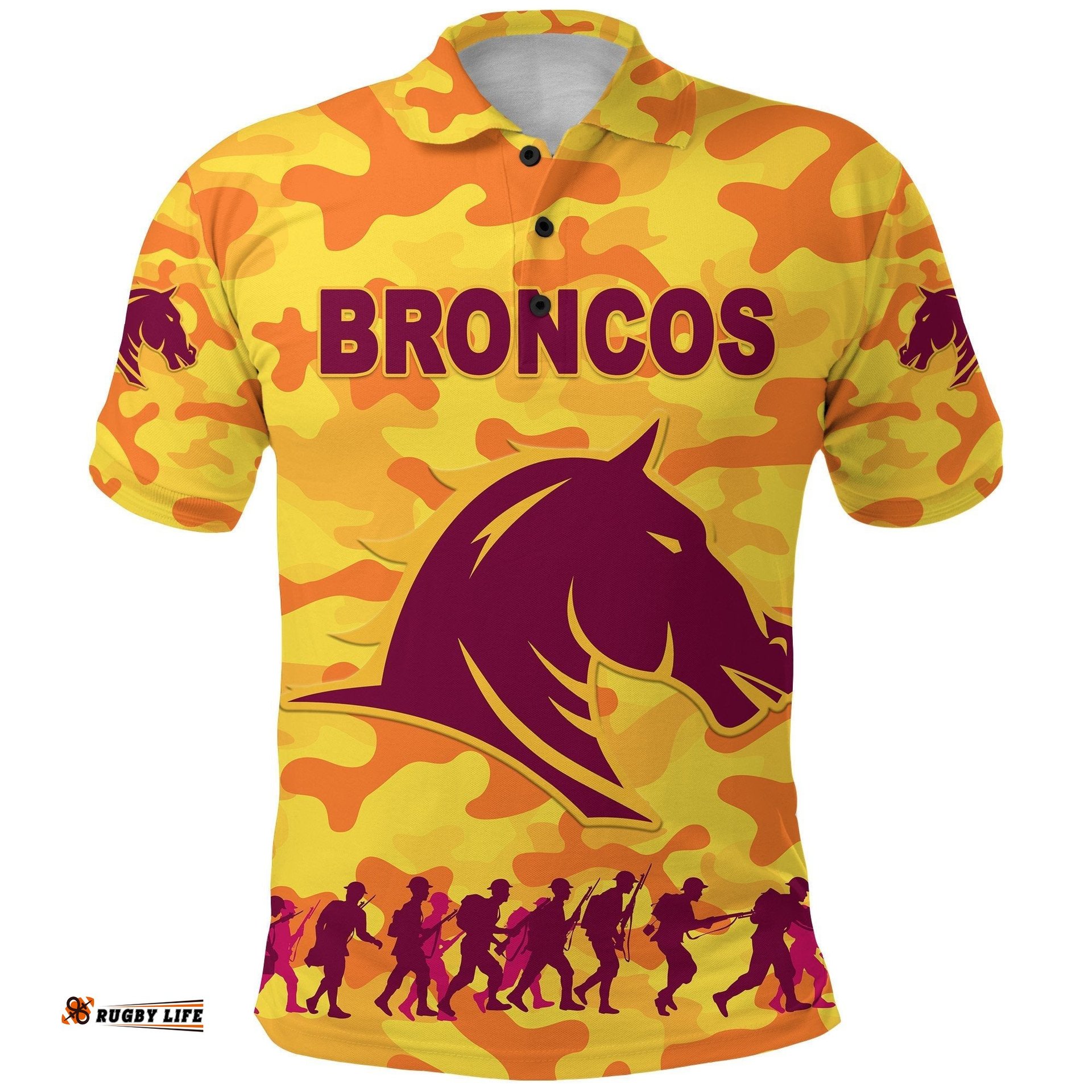 Brisbane Broncos Polo Shirt Anzac Day Camouflage Vibes - Gold