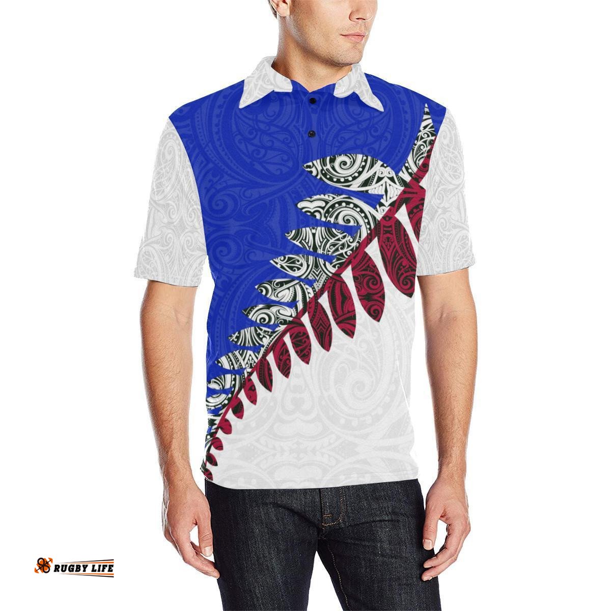 Maori Fern White And Blue Polo T Shirt