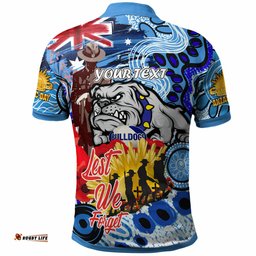 Bulldogs Rugby Australia And NZ Anzac Day Polo Shirt - Lest We Forget Bulldogs With Rugby Ball And Aboriginal Patterns