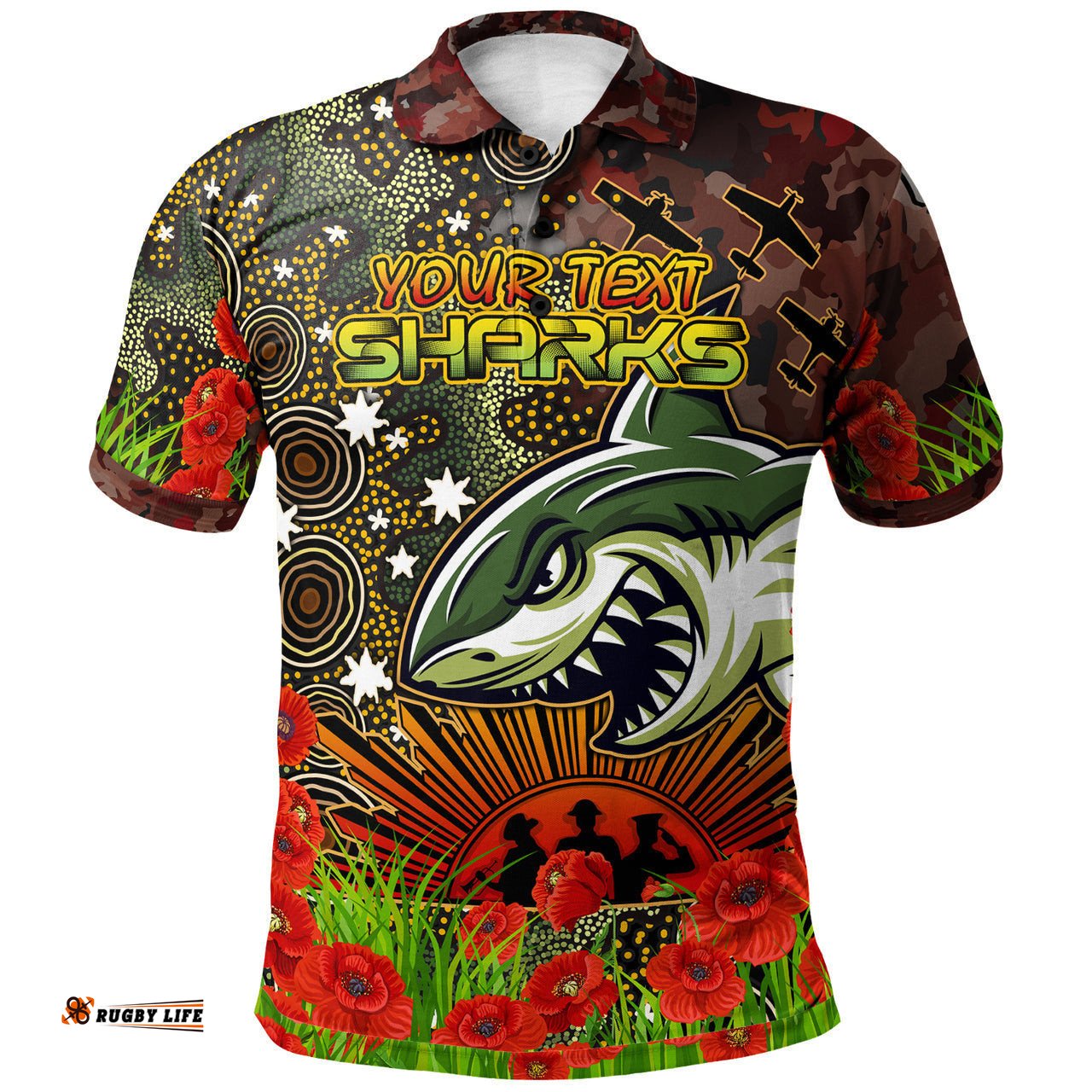 Sharks Rugby Polo Shirt - Custom Anzac Sharks with Remembrance Poppy and Indigenous Patterns Polo Shirt RLT13