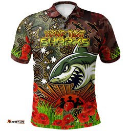Sharks Rugby Polo Shirt - Custom Anzac Sharks with Remembrance Poppy and Indigenous Patterns Polo Shirt RLT13