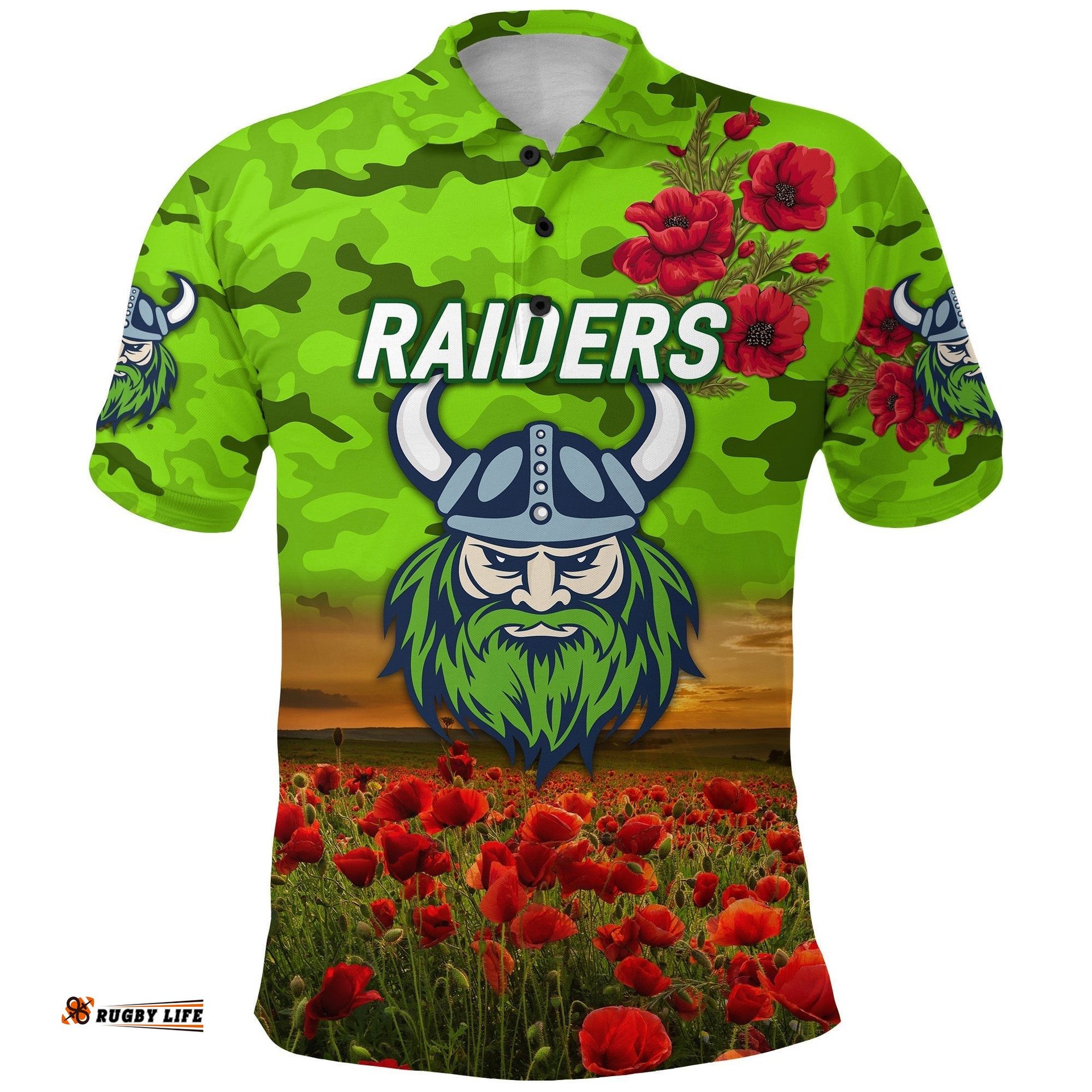 Canberra Raiders ANZAC 2022 Polo Shirt Poppy Flowers Vibes