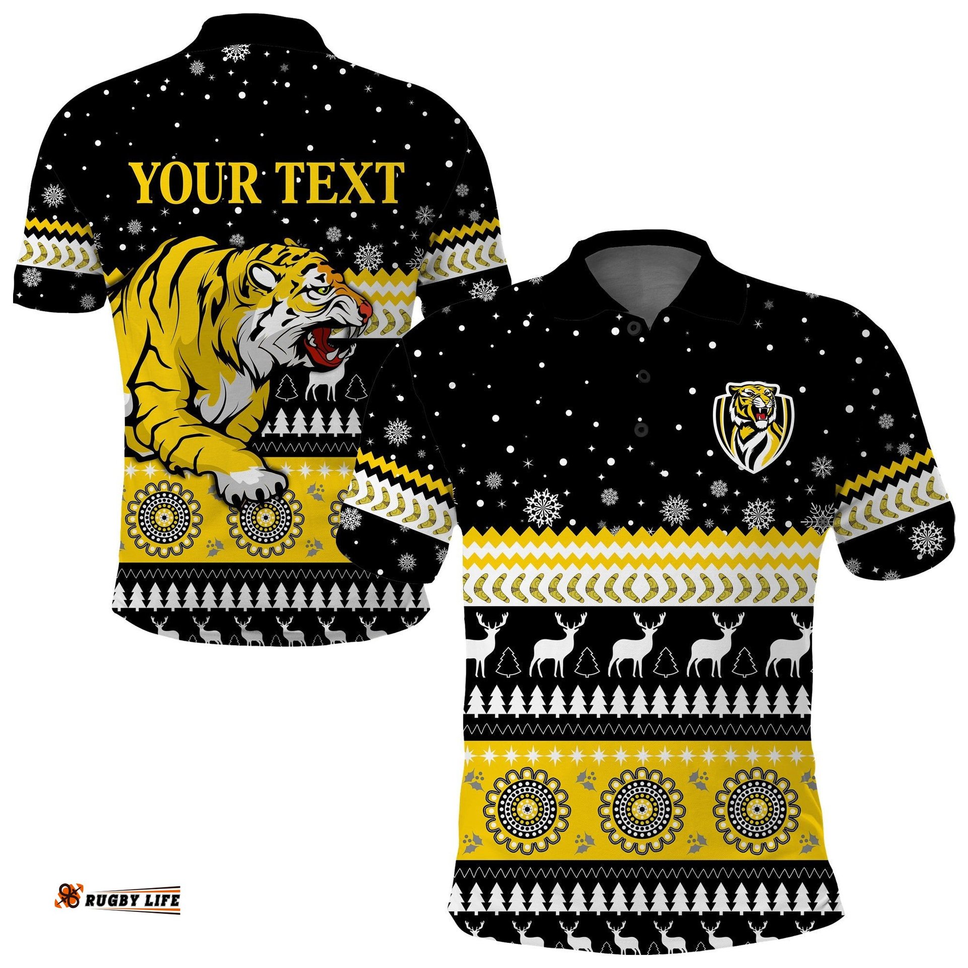 Custom Personalised Tigers Christmas Polo Shirt Indigenous Richmond Football