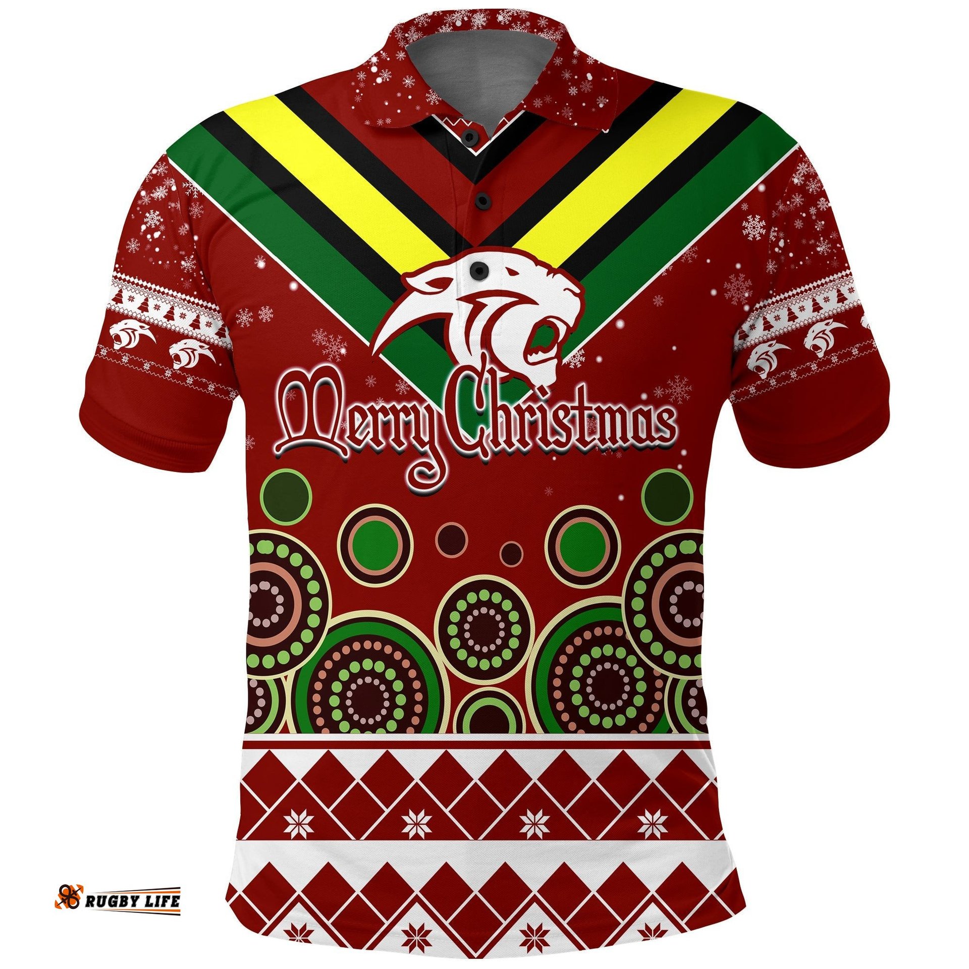 Aboriginal Christmas Black Panther With Santa Hat Polo Shirt
