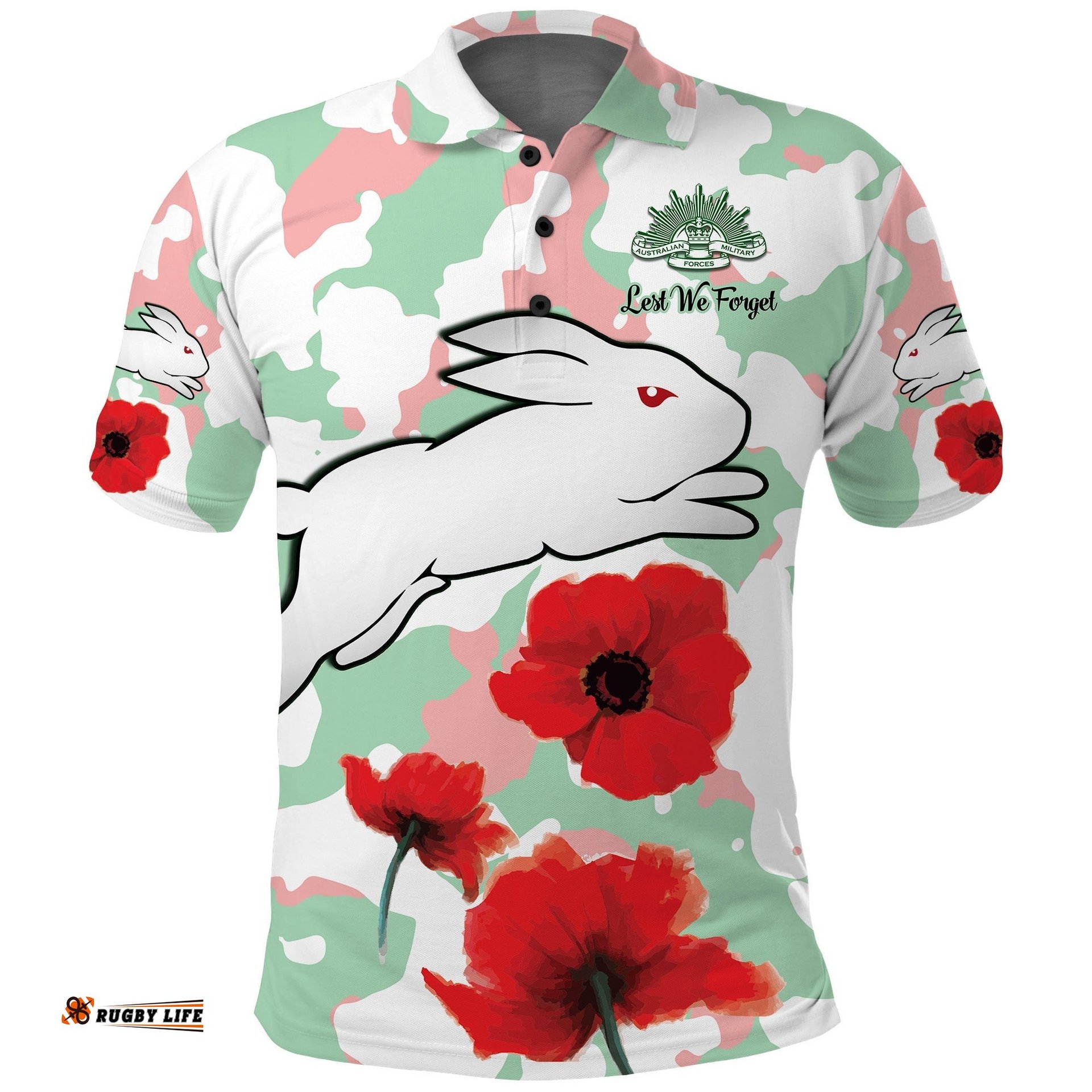 Custom Personalised Rabbitohs Anzac Day Polo Shirt Poppies Aboriginal Proud Soldiers