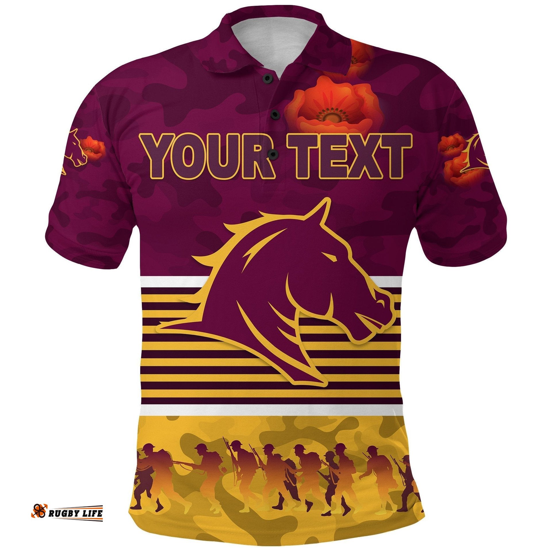 Custom Personalised Brisbane Broncos Polo Shirt Anzac Day Simple Style - Maroon