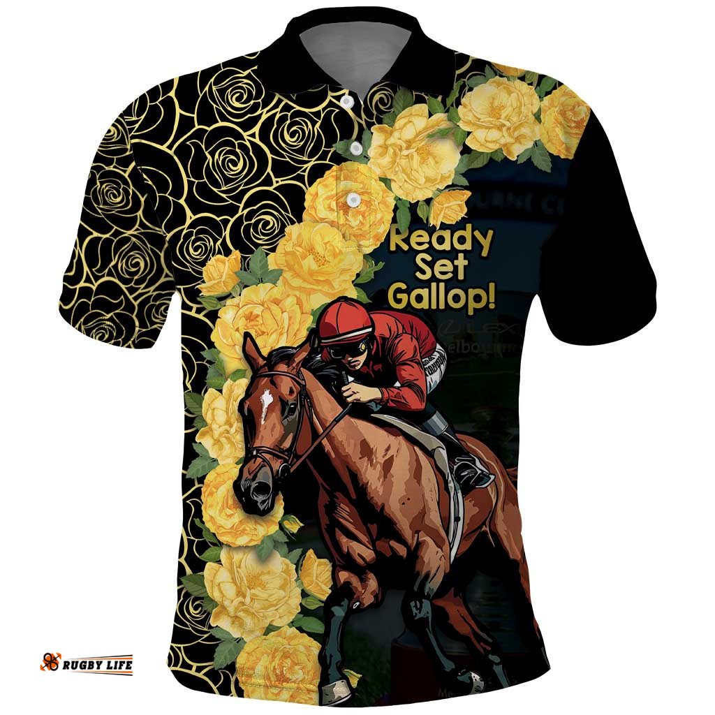 Melbourne Horse Racing Polo Shirt Yellow Roses - Ready Set Gallop!