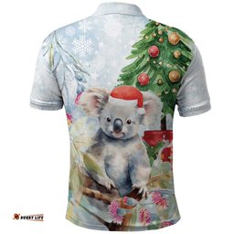 Australia Christmas Polo Shirt Koala Santa With Eucalyptus - Watercolor