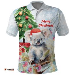 Australia Christmas Polo Shirt Koala Santa With Eucalyptus - Watercolor