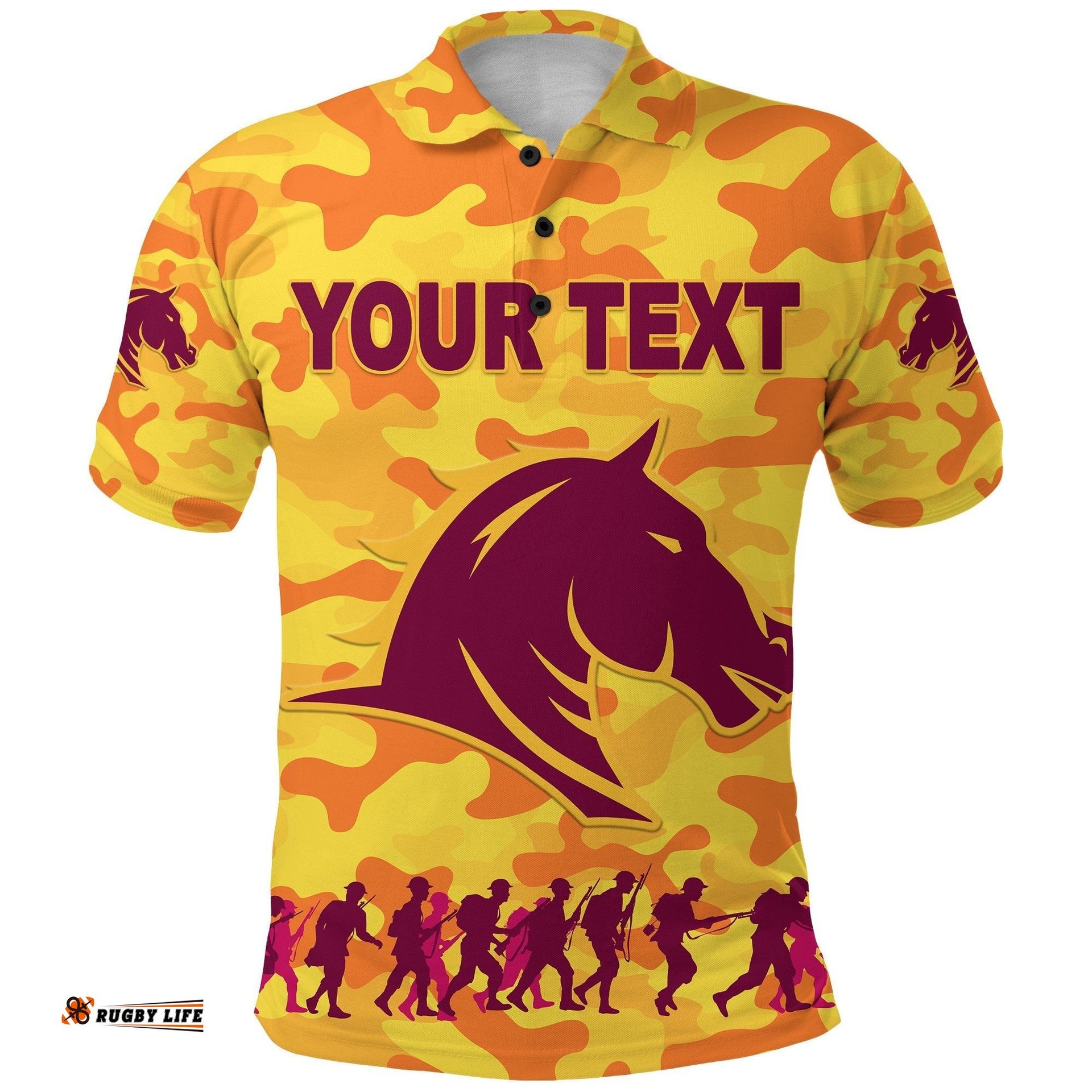 Custom Personalised Brisbane Broncos Polo Shirt Anzac Day Camouflage Vibes - Gold