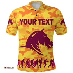 Custom Personalised Brisbane Broncos Polo Shirt Anzac Day Camouflage Vibes - Gold
