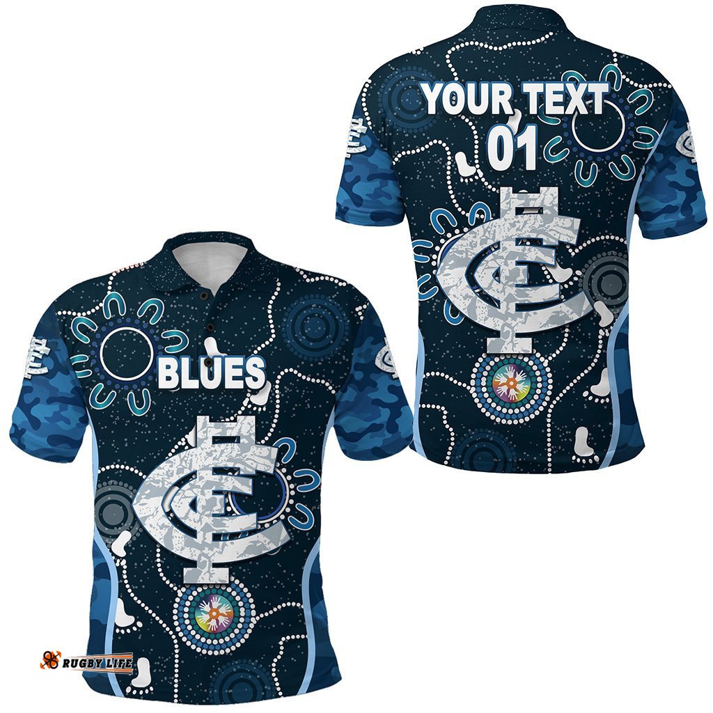 Custom Personalised Carlton Polo Shirt Blues Anzac Day Unique Indigenous, Custom Text And Number