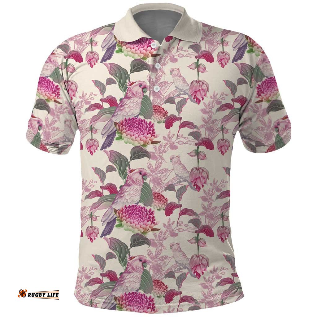 Pink Cockatoo Australia Polo Shirt Tropical Flowers - Seamless Pattern