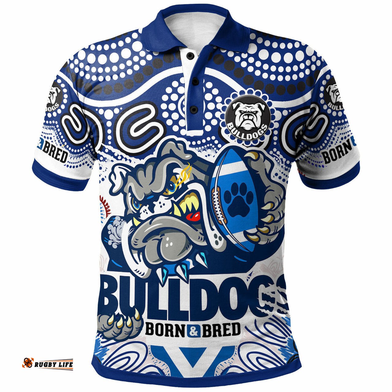 Bulldogs Rugby "Born & Bred" Polo Shirt - Custom Indigenous Bulldogs With Rugby Ball And Aboriginal Patterns