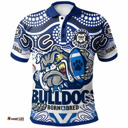 Bulldogs Rugby "Born & Bred" Polo Shirt - Custom Indigenous Bulldogs With Rugby Ball And Aboriginal Patterns