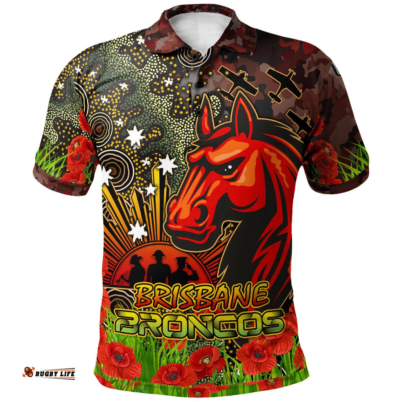 Broncos Rugby Polo Shirt - Anzac Broncos with Remembrance Poppy and Indigenous Patterns Polo Shirt RLT13