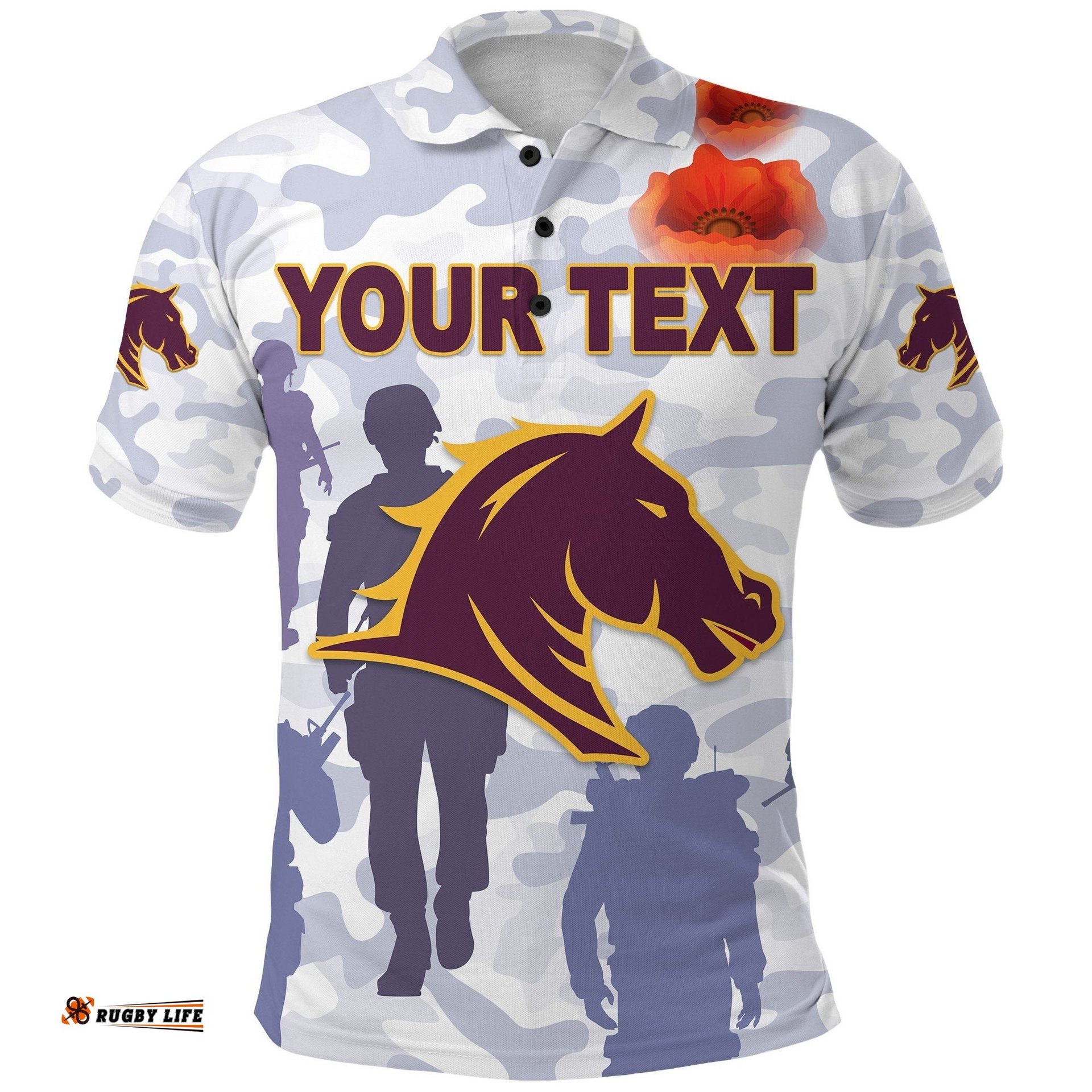 Custom Personalised Brisbane Broncos Polo Shirt Anzac Day Camouflage Vibes - Purple