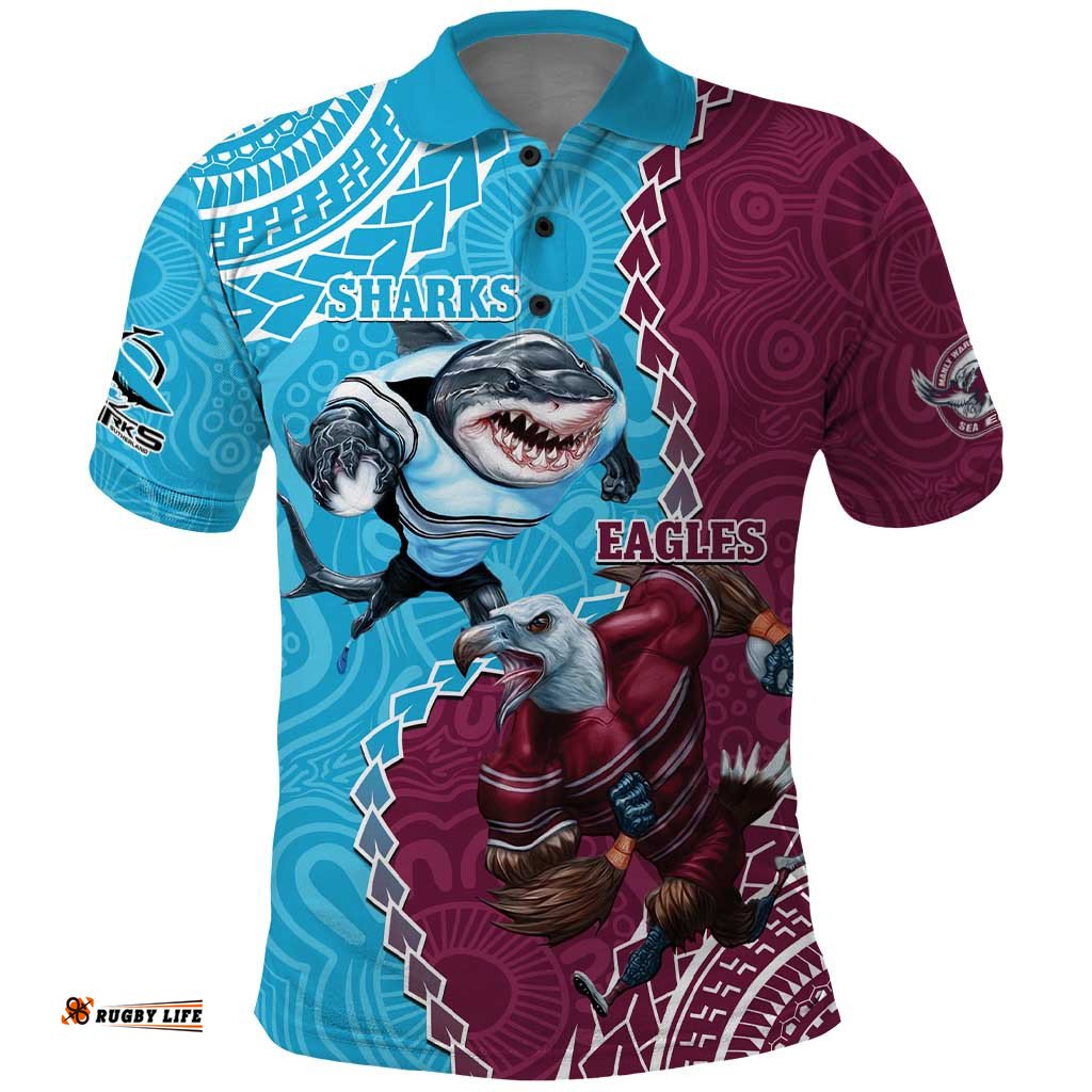 Personalised Eagles And Sharks Rugby Polo Shirt Aboriginal Mix Polynesian Pattern