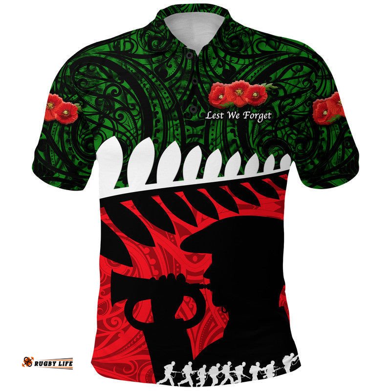 Custom Personalised New Zealand Maori ANZAC Polo Shirt Remembrance Soldier - Green