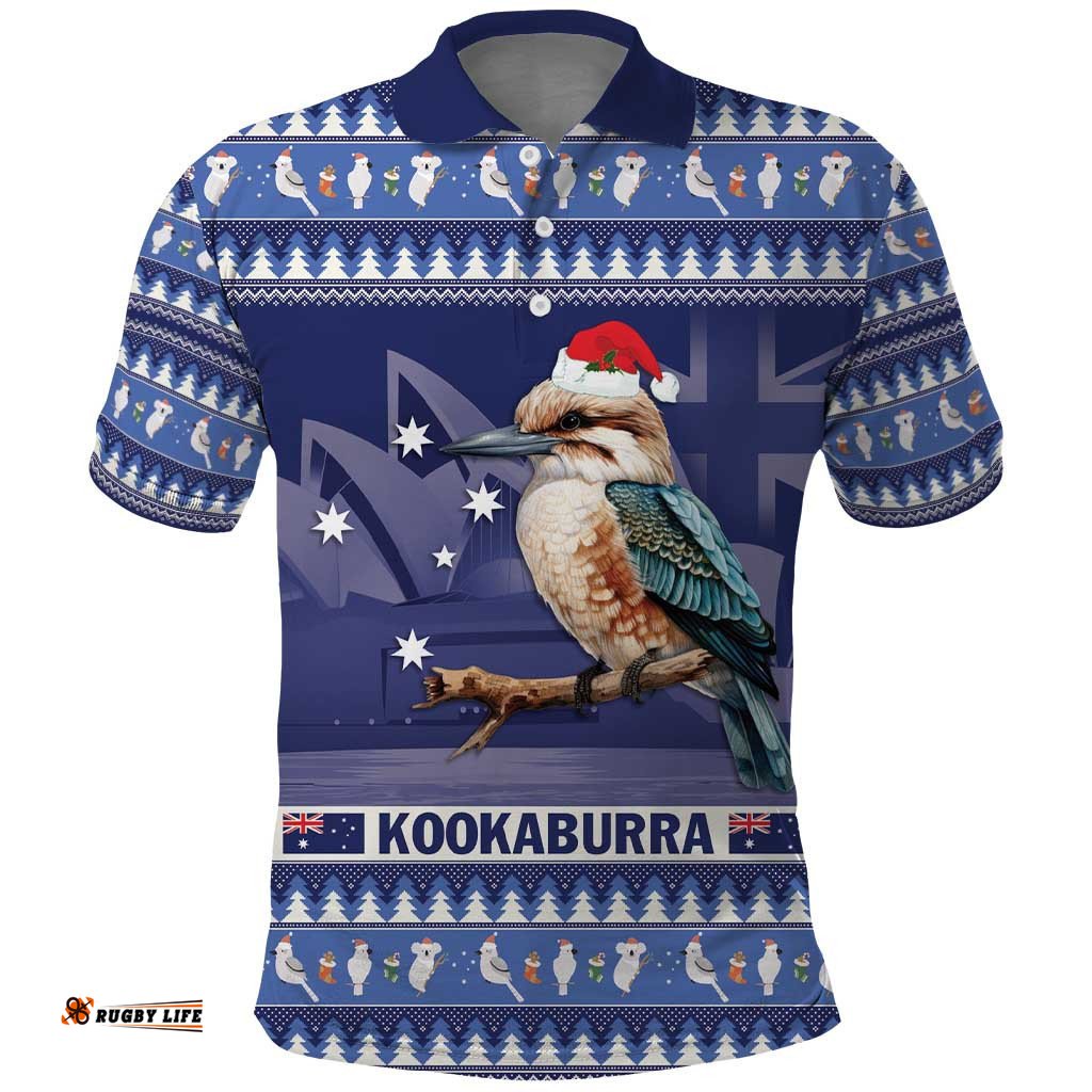Aussie Kookaburra Polo Shirt Merry Christmas Blue Style