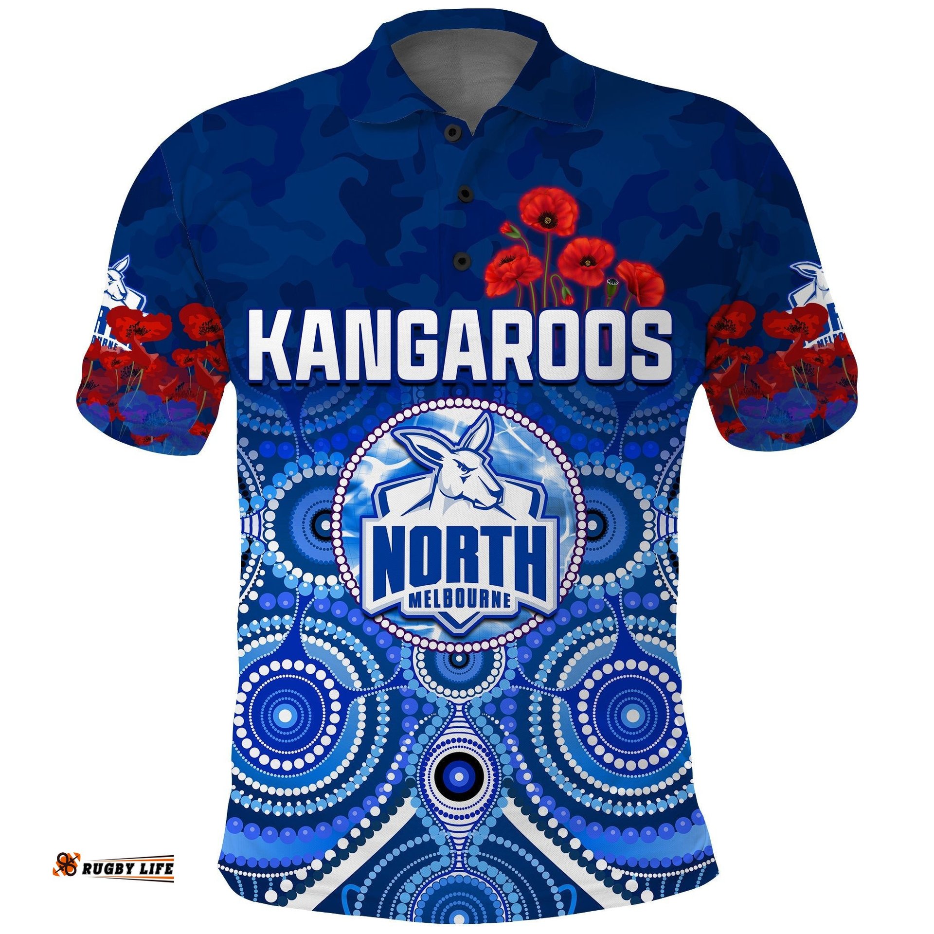 Kangaroos Anzac 2022 Polo Shirt North Melbourne Football Aboriginal Poppy Flowers
