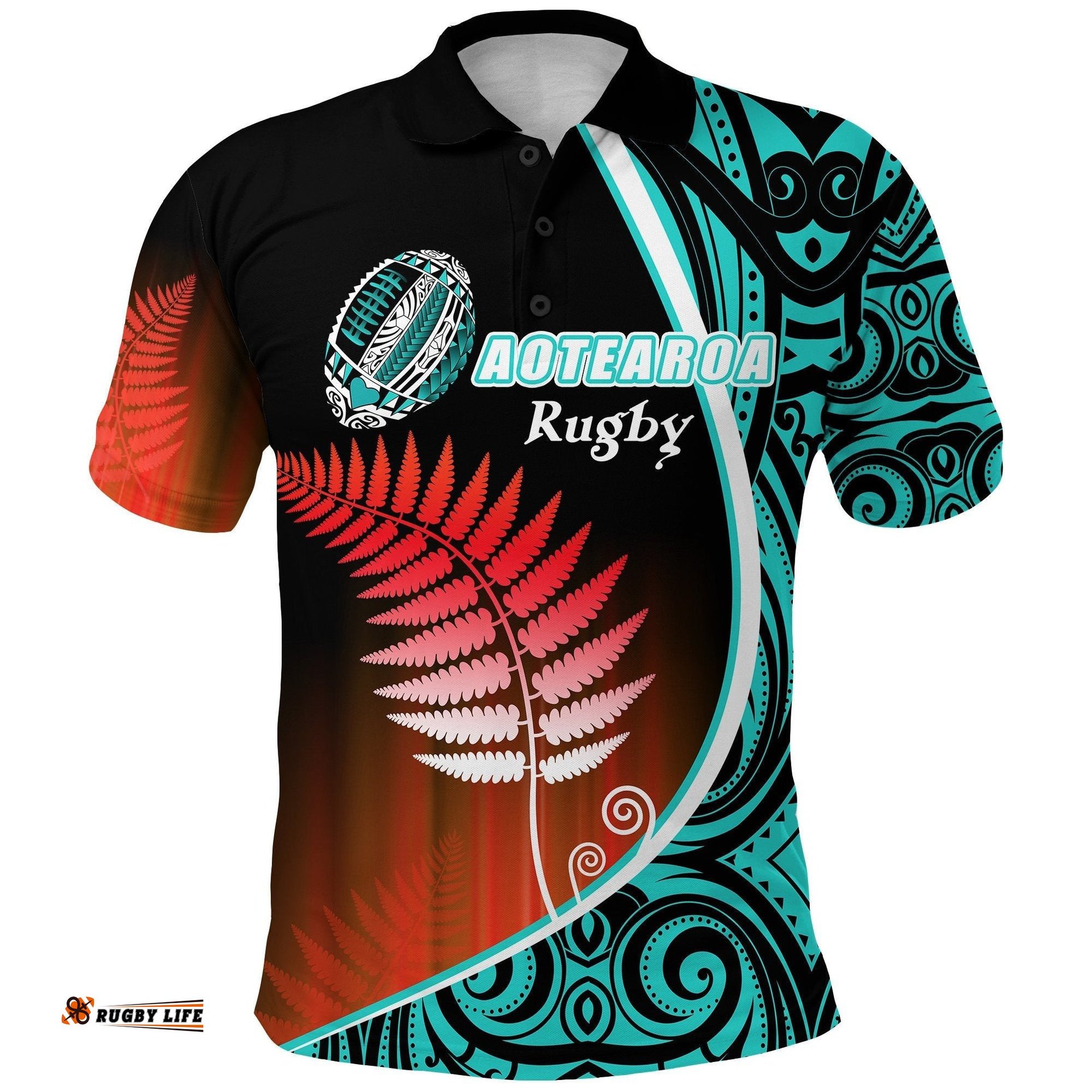 Aotearoa Rugby Black Maori Polo Shirt Kiwi and Silver Fern New Zealand - Blue