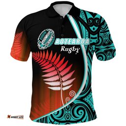 Aotearoa Rugby Black Maori Polo Shirt Kiwi and Silver Fern New Zealand - Blue