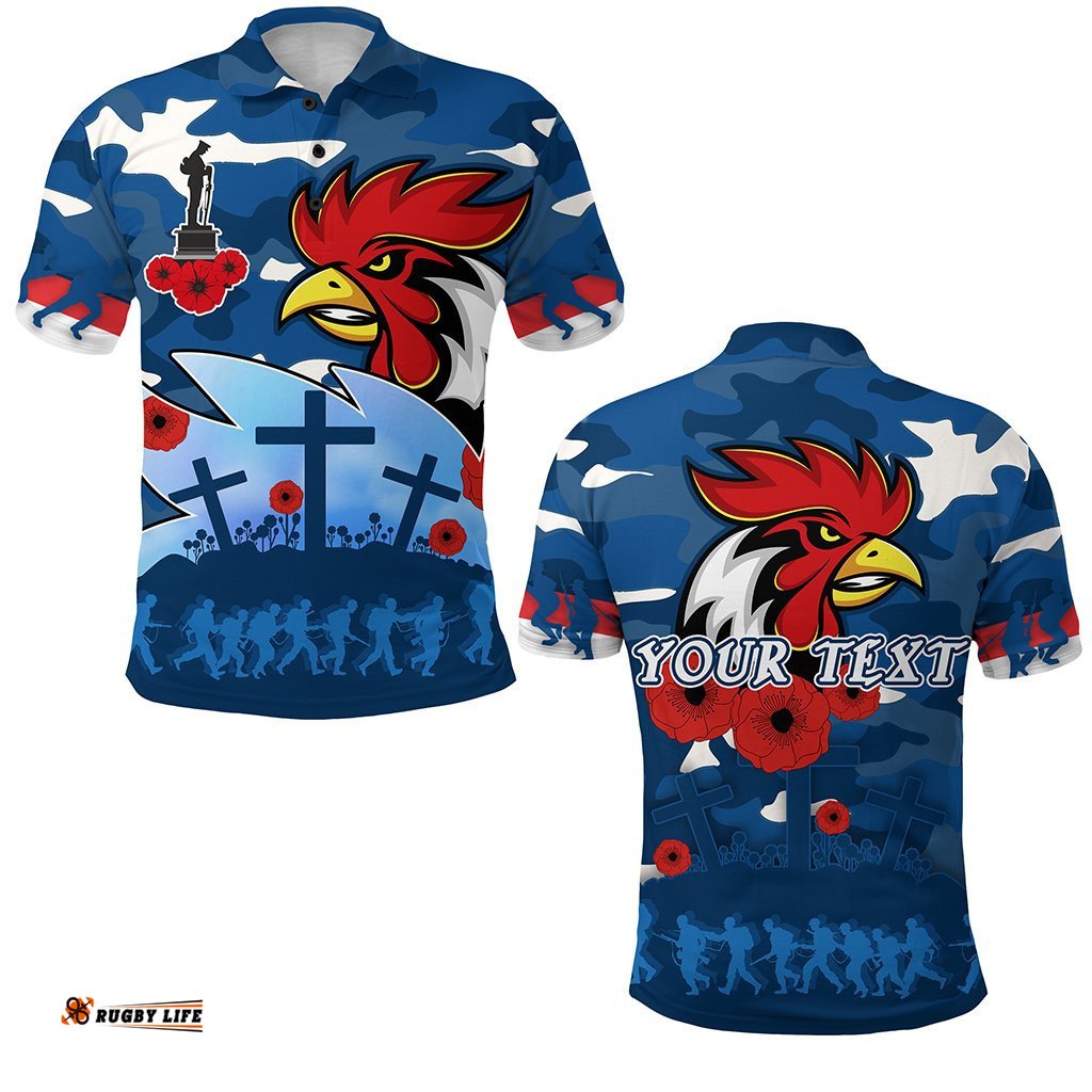 Custom Personalised Roosters Anzac Day Polo Shirt Military - Blue