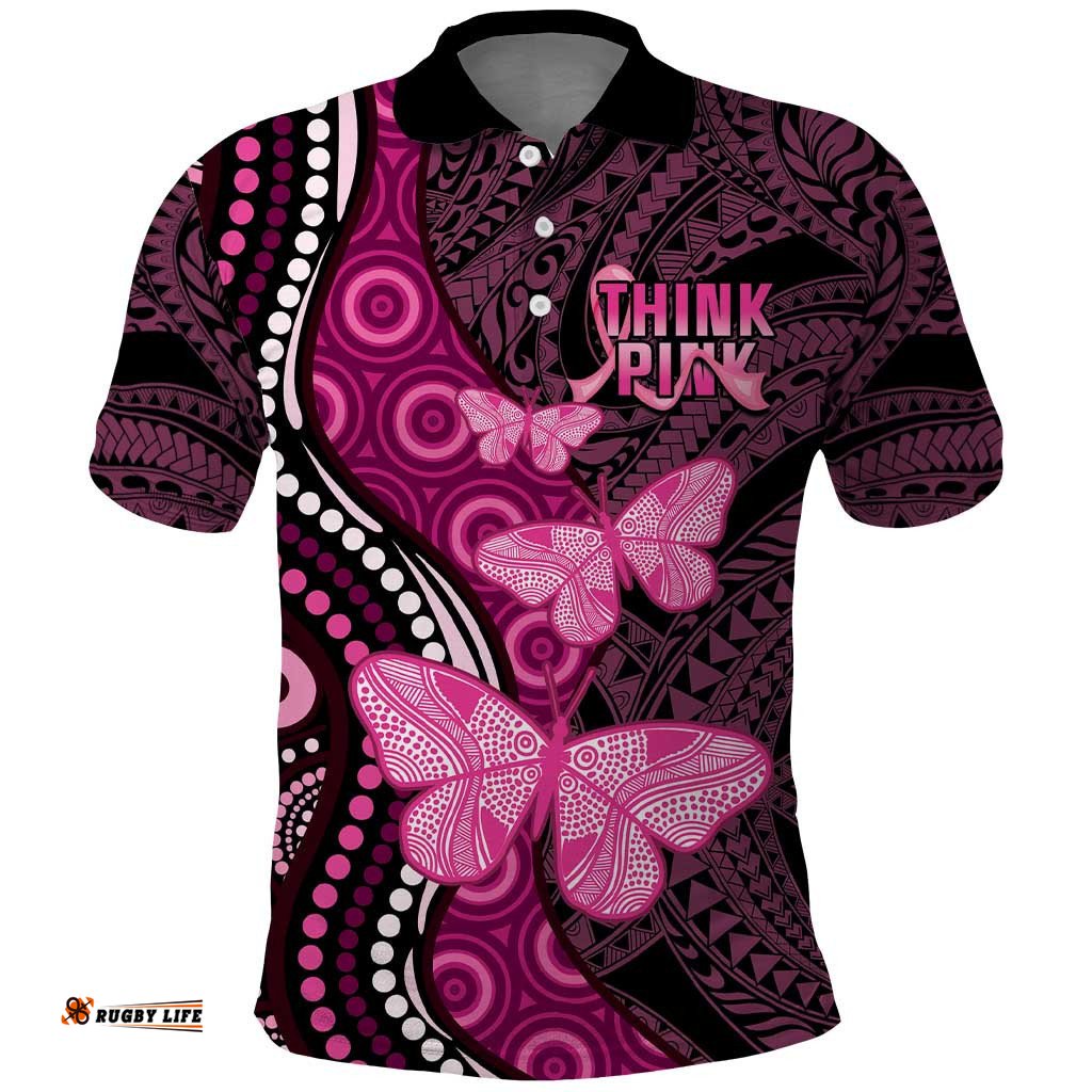 Think Pink Breast Cancer Awareness Polo Shirt Butterfly Aboriginal Mix Polynesian Pattern
