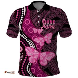 Think Pink Breast Cancer Awareness Polo Shirt Butterfly Aboriginal Mix Polynesian Pattern