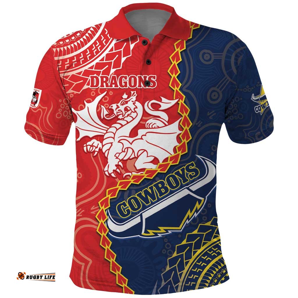 Custom Dragons And Cowboys Rugby Polo Shirt Aboriginal Mix Polynesian Pattern