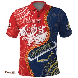 Custom Dragons And Cowboys Rugby Polo Shirt Aboriginal Mix Polynesian Pattern