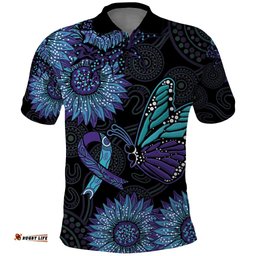Australia Indigenous Polo Shirt Teal & Purple Sunflower Aboriginal Arts