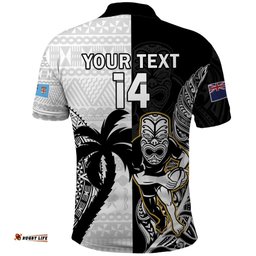 Custom Fiji And New Zealand Rugby Polo Shirt Aotearoa Silver Fern Mix Fijian Tapa Pattern
