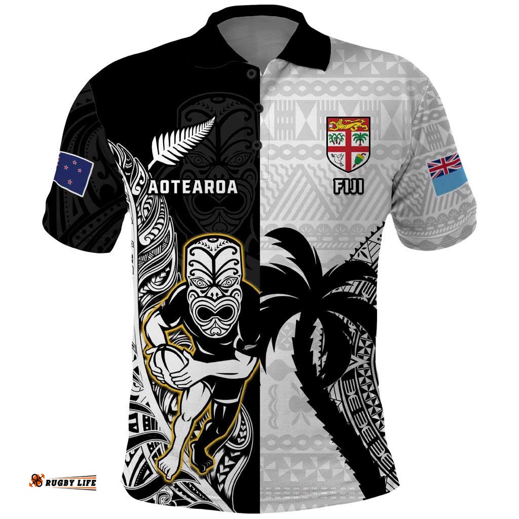 Custom Fiji And New Zealand Rugby Polo Shirt Aotearoa Silver Fern Mix Fijian Tapa Pattern