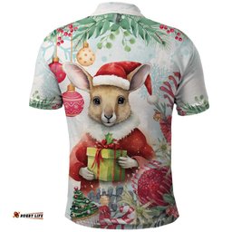 Australia Christmas Polo Shirt Kangaroo Santa With Aussie Flower - Watercolor