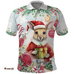 Australia Christmas Polo Shirt Kangaroo Santa With Aussie Flower - Watercolor