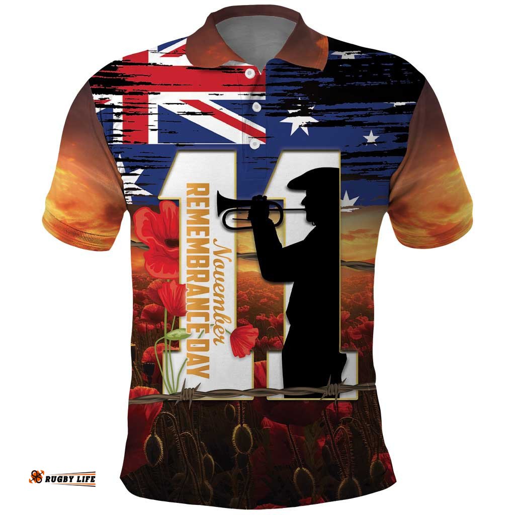 Australia Rememberance Day Polo Shirt 11 November Poppy Field With Last Post